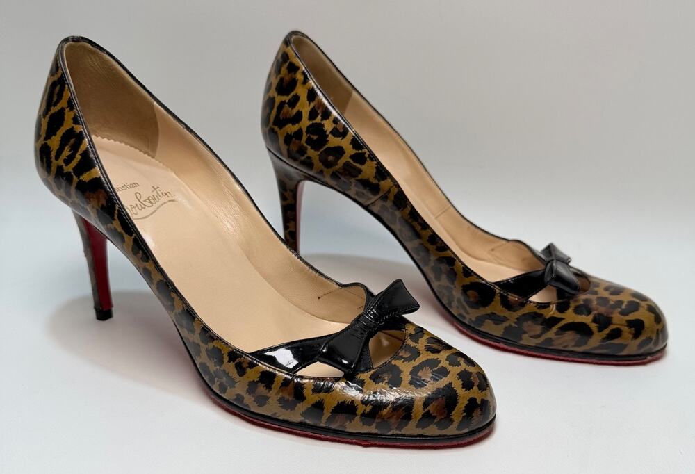 Christian Louboutin Leopard Patent Leather Bow Pumps Red Bottoms Size 37 US 7